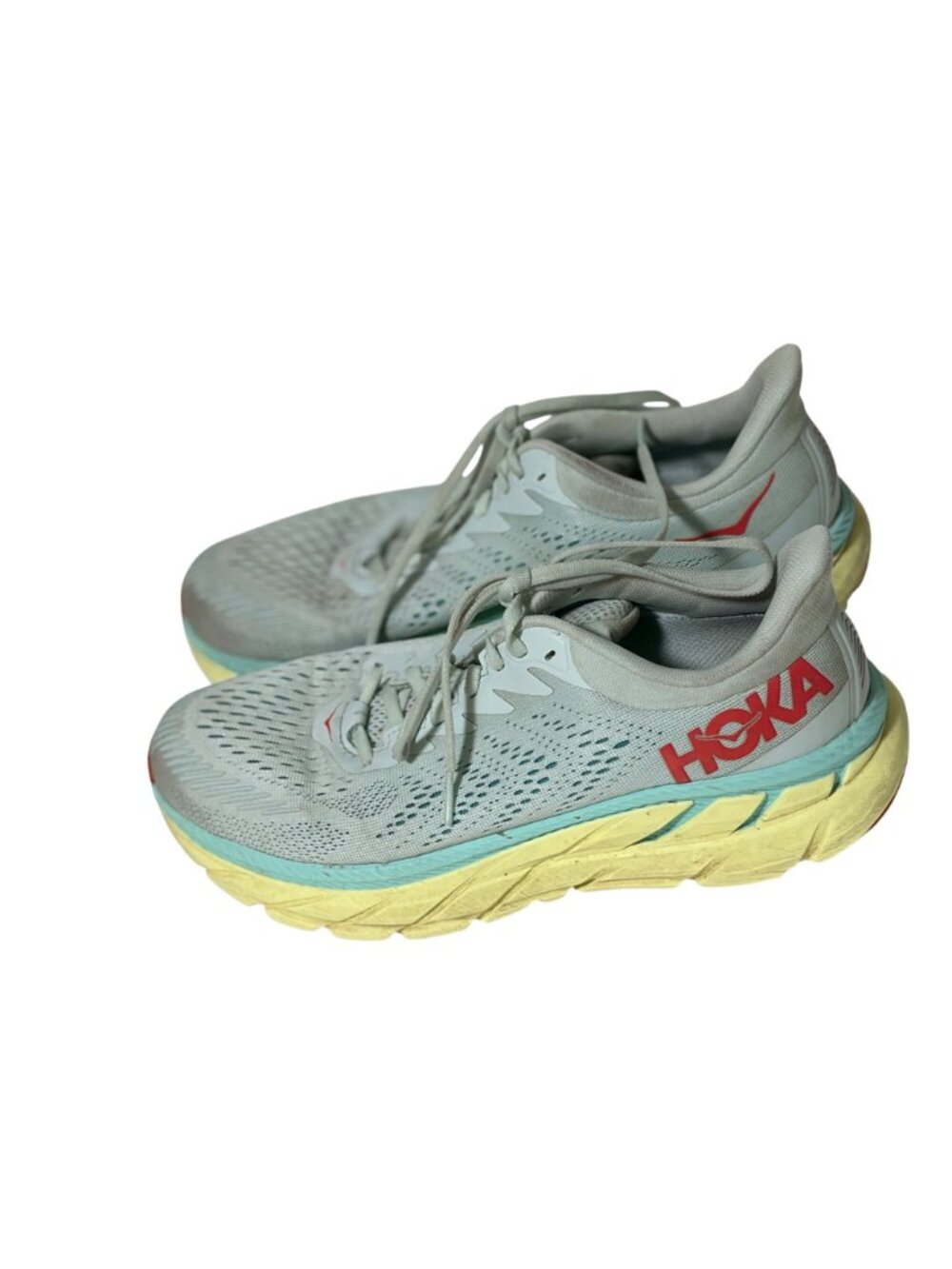 Hoka One One Womens 9.5 light Blue Yellow Clifton 7 Sneaker Shoes Lace Tie Up F2